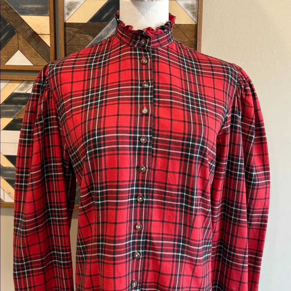 Vintage Ralph Lauren Red and Black Plaid Button-Front Puff Sleeve Top size 8